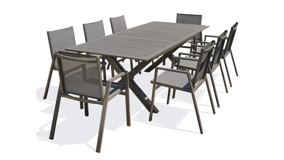 Lot composé d'une table de jardin FLORIDE-TB240-ALU-Q avec rallonge et de 8 fauteuils FLORIDE-FT-QUARTZ empilables