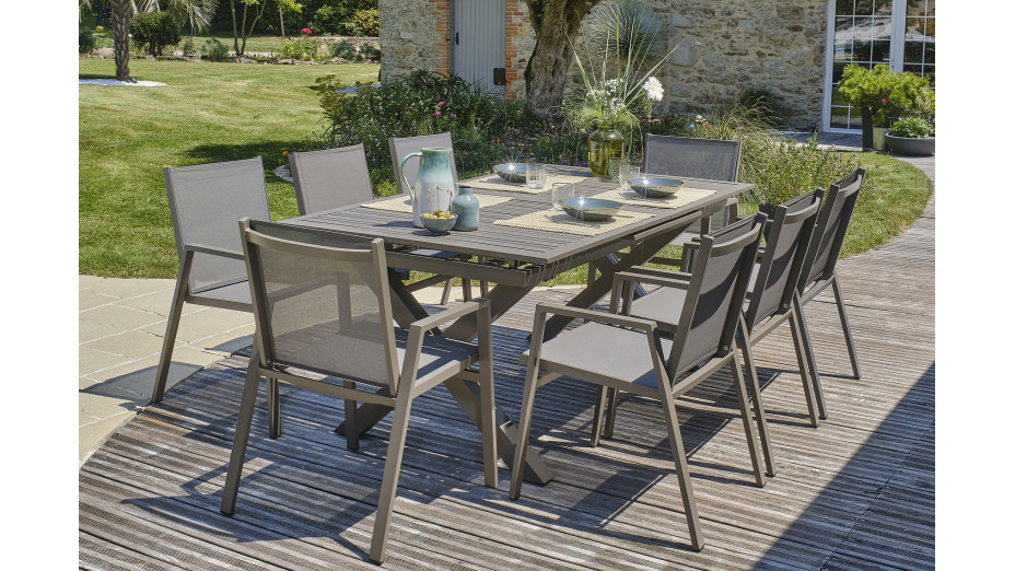 Lot composé d'une table de jardin FLORIDE-TB240-ALU-Q avec rallonge et de 8 fauteuils FLORIDE-FT-QUARTZ empilables