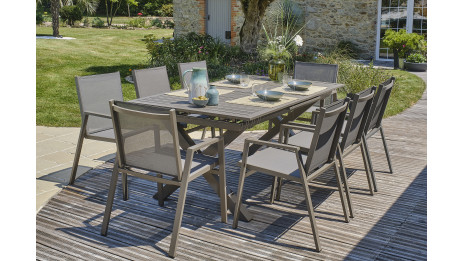 Lot composé d'une table de jardin FLORIDE-TB240-ALU-Q avec rallonge et de 8 fauteuils FLORIDE-FT-QUARTZ empilables