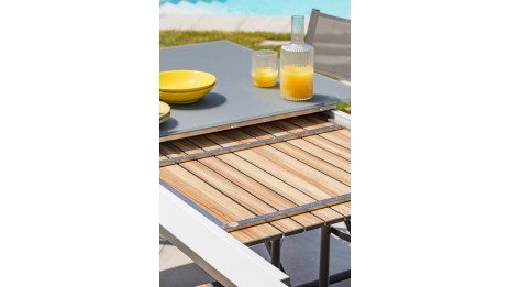 Table de jardin HONFLEUR (180/250x100 cm) aluminium avec plateau en verre et rallonge HPL imitation bois - GRIS ANTHRACITE