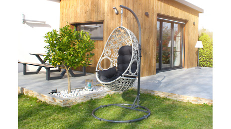 Balancelle de jardin SAMOA en résine tressée avec coussin gris anthracite - ECRU