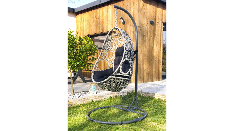 Balancelle de jardin SAMOA en résine tressée avec coussin gris anthracite - ECRU