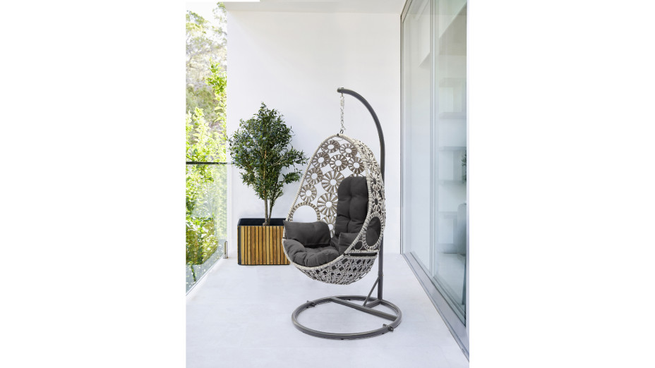 Balancelle de jardin SAMOA en résine tressée avec coussin gris anthracite - ECRU