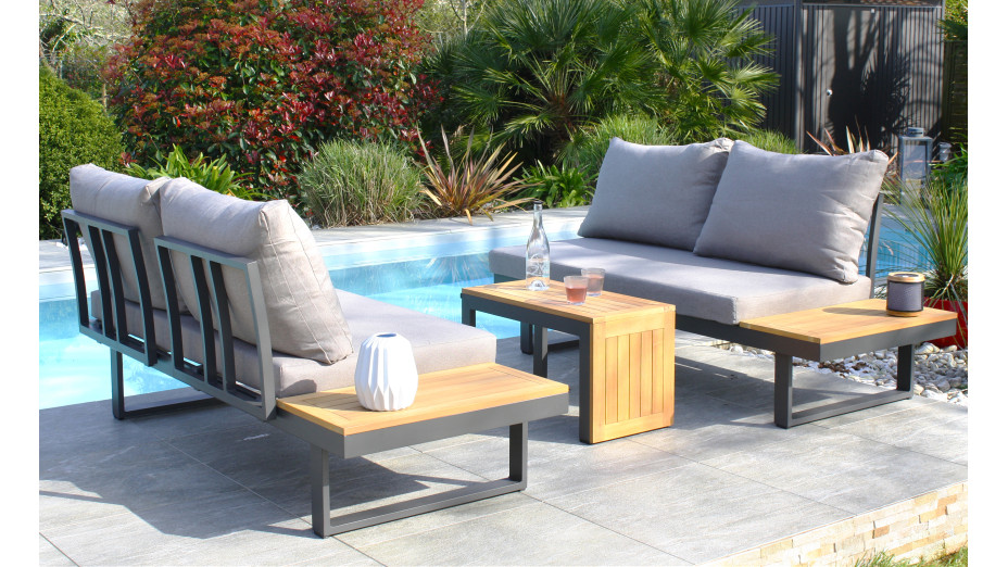 Salon de jardin modulable TOKYO 4 places en bois d'acacia et aluminium - GRIS ANTHRACITE