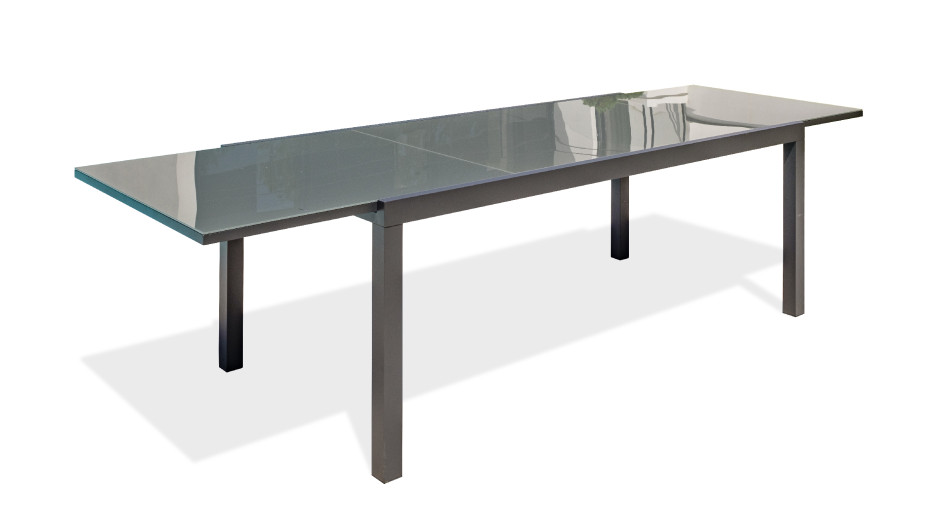Table de jardin TOLEDE (200/300x100 cm) en aluminium et plateau verre avec rallonge intégrée - GRIS ANTHRACITE
