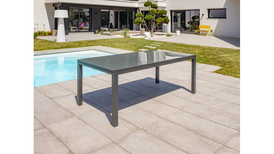 Table de jardin TOLEDE (200/300x100 cm) en aluminium et plateau verre avec rallonge intégrée - GRIS ANTHRACITE