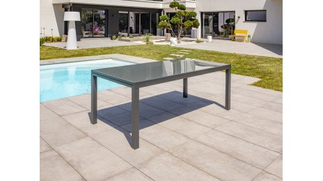Table de jardin TOLEDE (200/300x100 cm) en aluminium et plateau verre avec rallonge intégrée - GRIS ANTHRACITE