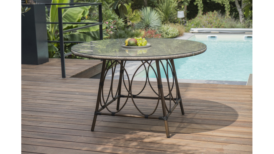 Table ronde de jardin USHUAIA (diam. 125 cm) en aluminium marron et textilène - LIN