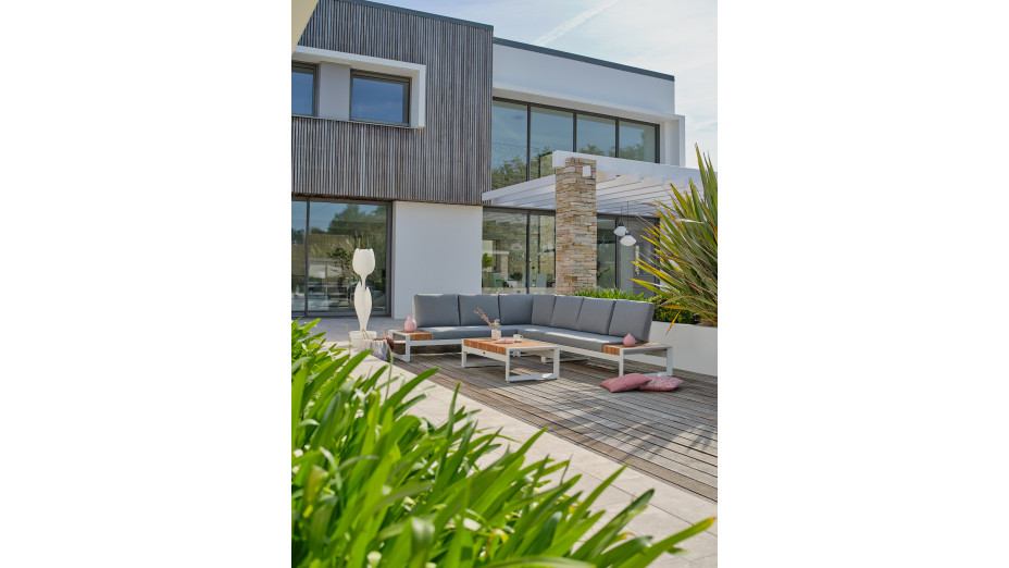 Salon de jardin d'angle VALENCIA 6 places en teck et aluminium - BLANC