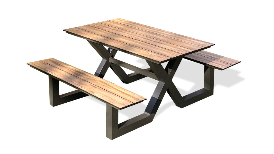 Table de jardin avec bancs VANCOUVER (150x164 cm) en aluminium et HPL effet bois - GRIS ANTHRACITE