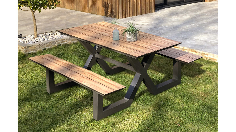 Table de jardin avec bancs VANCOUVER (150x164 cm) en aluminium et HPL effet bois - GRIS ANTHRACITE