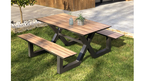 Table de jardin avec bancs VANCOUVER (150x164 cm) en aluminium et HPL effet bois - GRIS ANTHRACITE