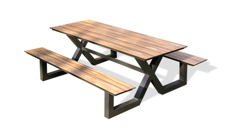 Table de jardin avec bancs VANCOUVER (210x174 cm) en aluminium et HPL effet bois - GRIS ANTHRACITE