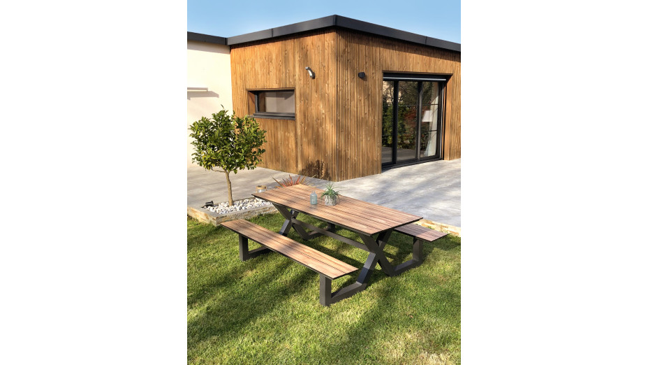 Table de jardin avec bancs VANCOUVER (210x174 cm) en aluminium et HPL effet bois - GRIS ANTHRACITE
