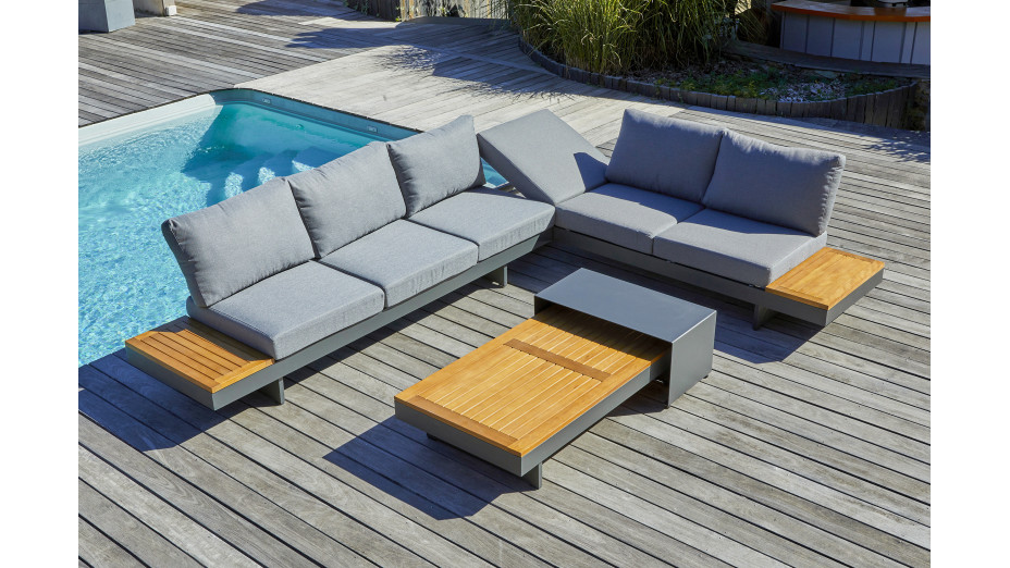 Salon de jardin d'angle VANUATU 6 places en bois d'acacia et aluminium - GRIS ANTHRACITE