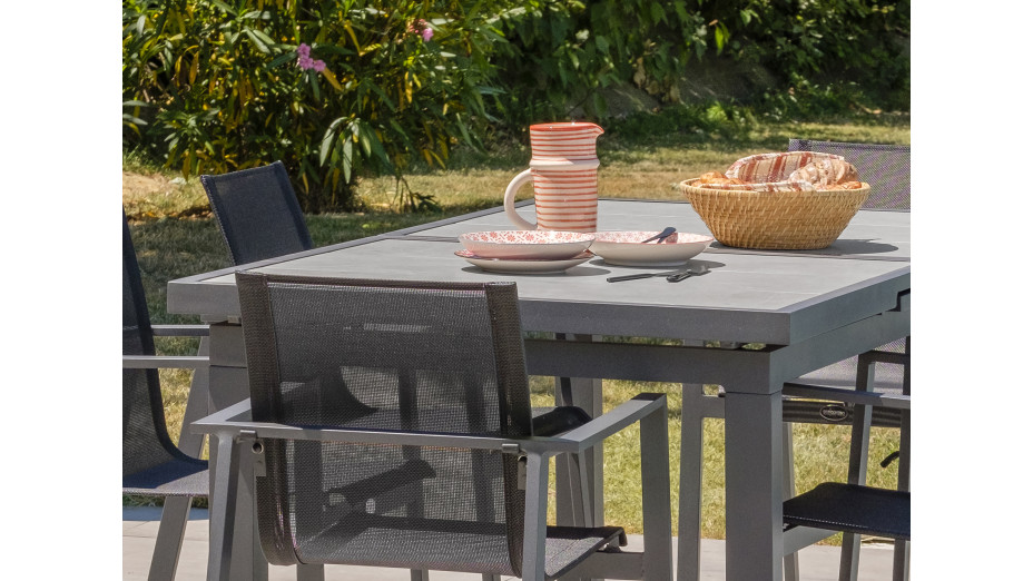 Table de jardin VENISE (190/250X95 cm) avec rallonge automatique en aluminium et céramique - GRIS ANTHRACITE