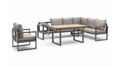 Ensemble repas de jardin YONAHA 7 places en aluminium et acacia - GRIS ANTHRACITE