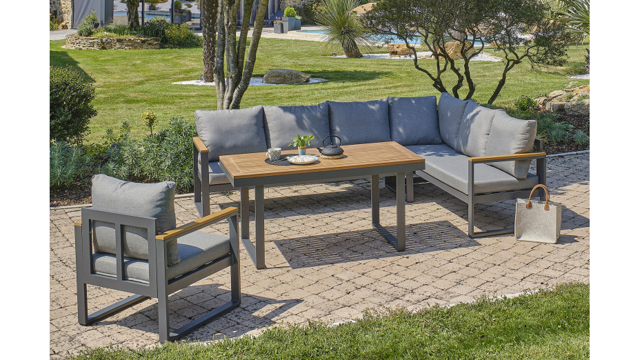 Ensemble repas de jardin YONAHA 7 places en aluminium et acacia - GRIS ANTHRACITE