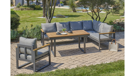 Ensemble repas de jardin YONAHA 7 places en aluminium et acacia - GRIS ANTHRACITE