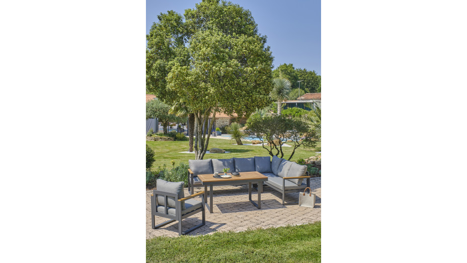 Ensemble repas de jardin YONAHA 7 places en aluminium et acacia - GRIS ANTHRACITE