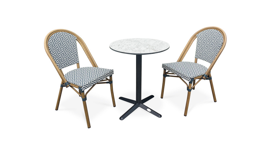 Lot composé d'une table de jardin BISTRO-TB60-HPL-MB et de 2 fauteuils BISTRO-FT-TEX-BLEU empilables