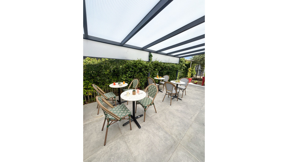 Table ronde de jardin BISTRO (diam. 60 cm) en acier noir et plateau terrazzo - BLANC