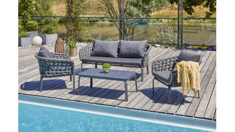 Salon bas de jardin CAMARGUE 4 places en corde tissée et aluminium - GRIS ANTHRACITE