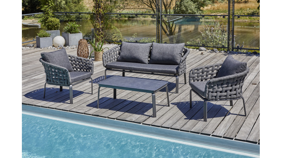 Salon bas de jardin CAMARGUE 4 places en corde tissée et aluminium - GRIS ANTHRACITE