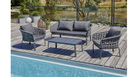 Salon bas de jardin CAMARGUE 4 places en corde tissée et aluminium - GRIS ANTHRACITE
