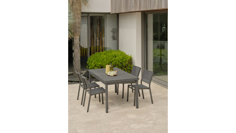 Lot composé d'une table de jardin DANIA-TB210-STONE-N avec rallonge et de 4 chaises STOCKHOLM-CH empilables