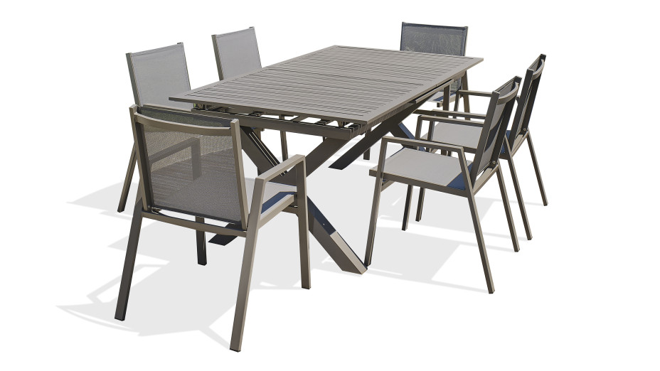 Lot composé d'une table de jardin FLORIDE-TB240-ALU-Q avec rallonge et de 6 fauteuils FLORIDE-FT-QUARTZ empilables
