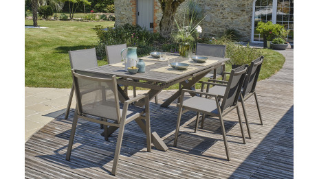 Lot composé d'une table de jardin FLORIDE-TB240-ALU-Q avec rallonge et de 6 fauteuils FLORIDE-FT-QUARTZ empilables