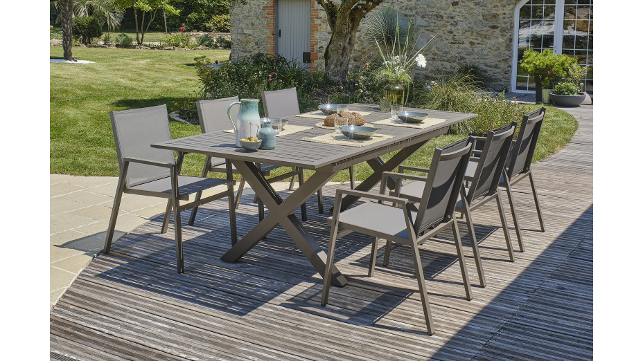 Lot composé d'une table de jardin FLORIDE-TB240-ALU-Q avec rallonge et de 6 fauteuils FLORIDE-FT-QUARTZ empilables