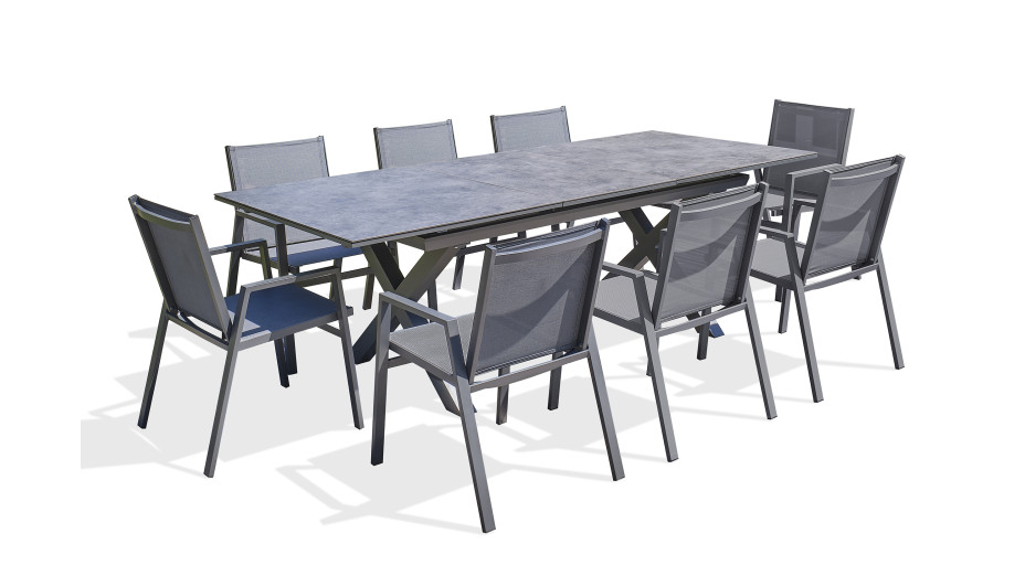 Lot composé d'une table de jardin FLORIDE-TB240-CER-AN avec rallonge et de 8 fauteuils FLORIDE-FT-GRISANTH empilables