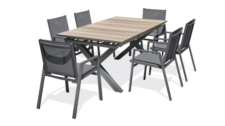 Lot composé d'une table de jardin FLORIDE-TB240-HPL-AW avec rallonge et de 6 fauteuils FLORIDE-FT-GRISANTH empilables