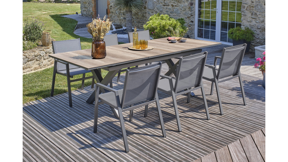 Lot composé d'une table de jardin FLORIDE-TB240-HPL-AW avec rallonge et de 6 fauteuils FLORIDE-FT-GRISANTH empilables