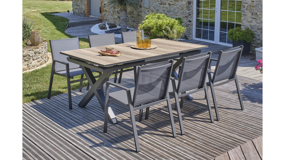 Lot composé d'une table de jardin FLORIDE-TB240-HPL-AW avec rallonge et de 6 fauteuils FLORIDE-FT-GRISANTH empilables