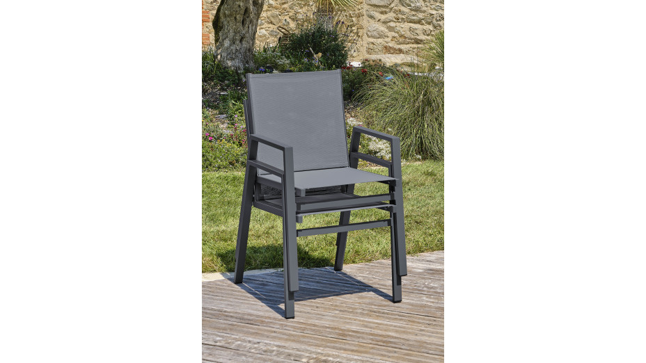 Lot composé d'une table de jardin FLORIDE-TB240-HPL-AW avec rallonge et de 6 fauteuils FLORIDE-FT-GRISANTH empilables