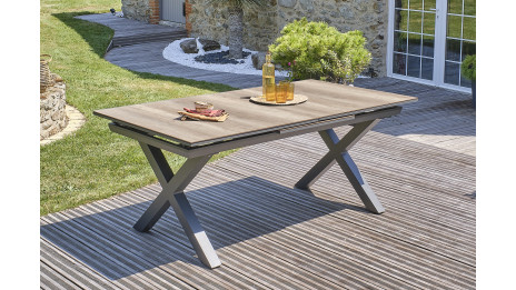 Table de jardin FLORIDE (180/240x100 cm) en aluminium et plateau HPL imitation bois avec rallonge automatique - GRIS ANTHRACITE
