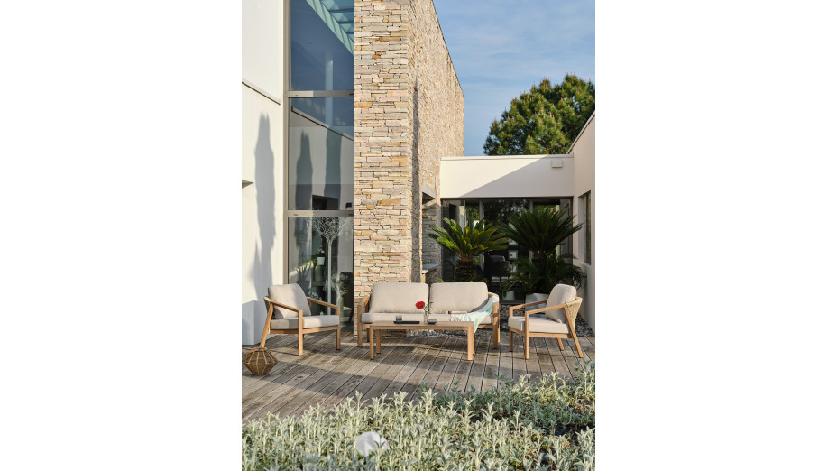 Salon bas de jardin GOYA 5 places en aluminium imitation bois - GRIS