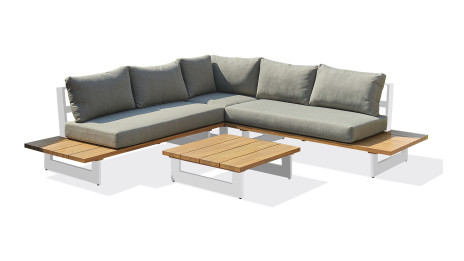 Salon de jardin LAVEZZI 5 places en aluminium et plateau imitation bois - BLANC