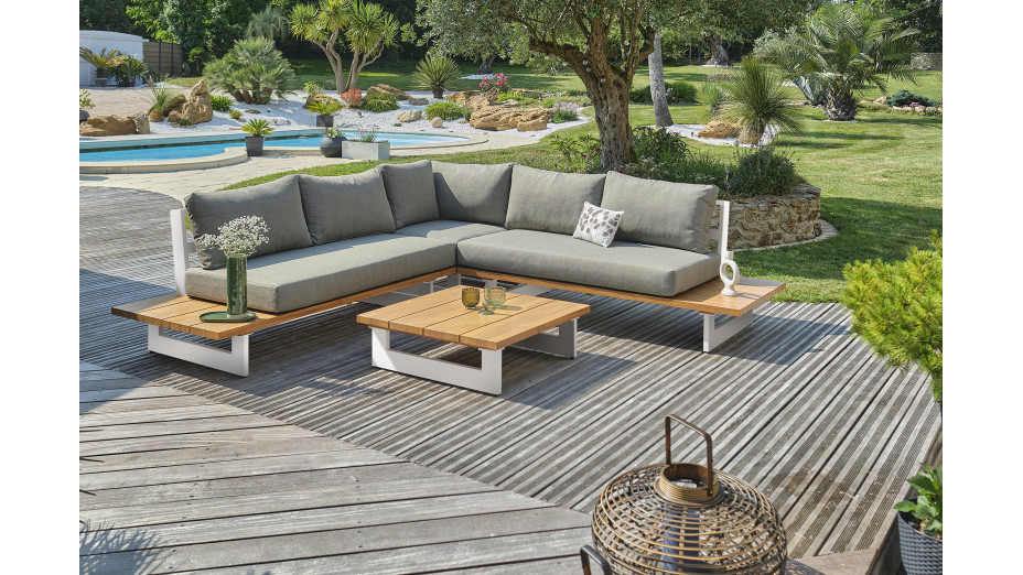 Salon de jardin LAVEZZI 5 places en aluminium et plateau imitation bois - BLANC