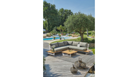 Salon de jardin LAVEZZI 5 places en aluminium et plateau imitation bois - BLANC