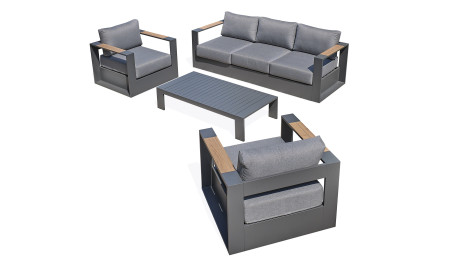 Salon de jardin MANDELIEU 5 places en aluminium et accoudoirs en HPL - GRIS ANTHRACITE