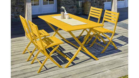 Lot composé d'une table de jardin MARIUS-TB140-MOUTARDE pliante et de 4 chaises MARIUS-CP-MOUTARDE pliantes