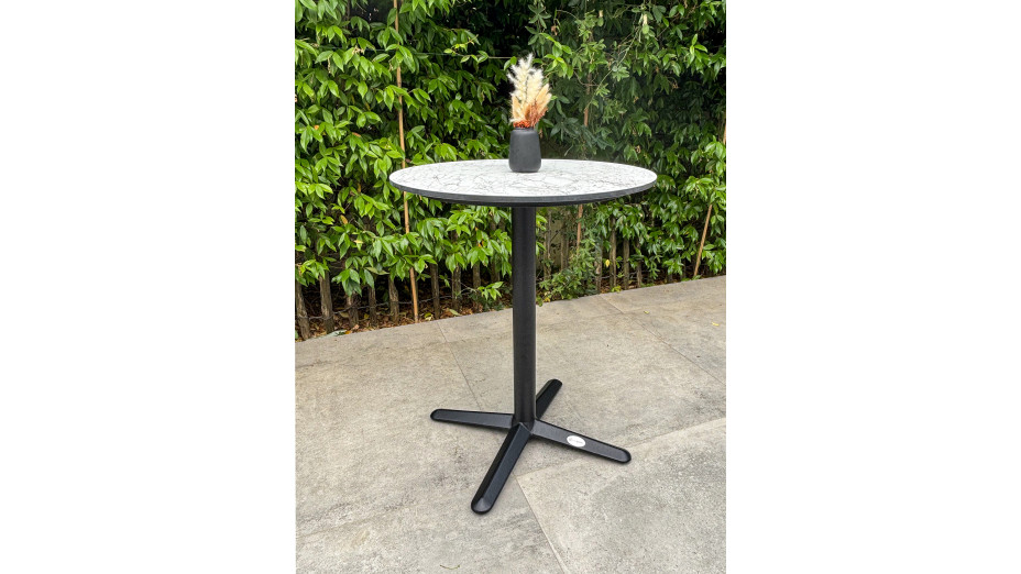 Table ronde de jardin BISTRO (diam. 60 cm) en acier noir et plateau HPL effet marbre - BLANC