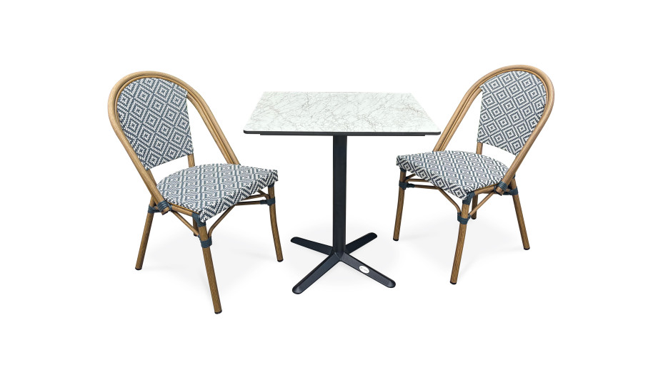 Lot composé d'une table de jardin BISTRO-TB70-HPL-MB et de 2 fauteuils BISTRO-FT-TEX-BLEU empilables