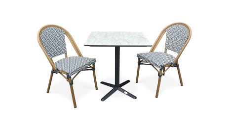 Lot composé d'une table de jardin BISTRO-TB70-HPL-MB et de 2 fauteuils BISTRO-FT-TEX-BLEU empilables