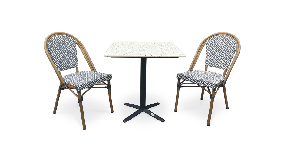 Lot composé d'une table de jardin BISTRO-TB70-TRZ et de 2 fauteuils BISTRO-FT-TEX-BLEU empilables