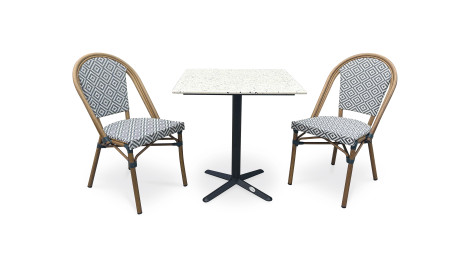 Lot composé d'une table de jardin BISTRO-TB70-TRZ et de 2 fauteuils BISTRO-FT-TEX-BLEU empilables